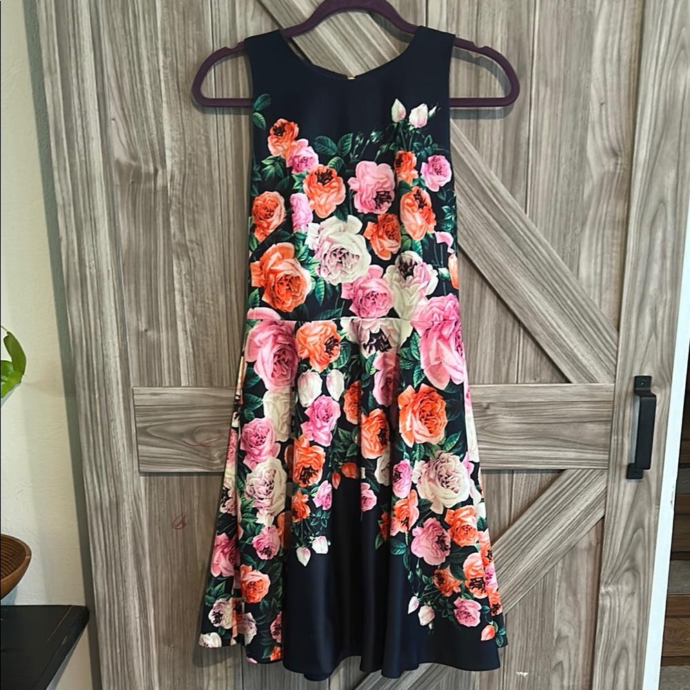 Eliza J Floral Dress - Navy with Pink and Orange